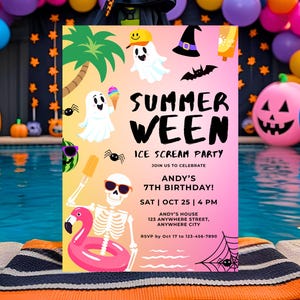 Invitación editable para fiesta de Halloween en la piscina, plantilla imprimible de Canva para una celebración de cumpleaños de verano espeluznante