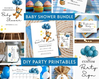 We Can Bearly Wait Baby Shower Bundle, Editable Invitation & Party Decor Set, Minimalist Blue Bear Balloons Printables