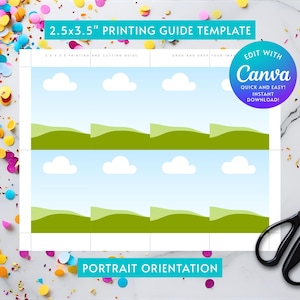 May include: A template for 2.5 x 3.5 inch printing with a landscape design, featuring a blue sky with white clouds and green hills. The text includes "2.5x3.5" PRINTING GUIDE TEMPLATE", "EDIT WITH Canva", and "PORTRAIT ORIENTATION".