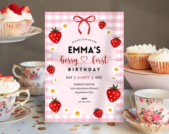 Berry First Birthday Invitation Template, Editable Pink Strawberry Gingham 1st Birthday Party Invite with Favor Tags