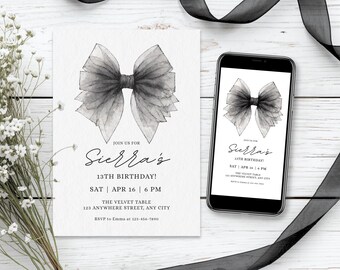 Coquette Black Bow Birthday Invitation, Editable Minimalist 13th 16th 30th Birthday Party Digital Invite