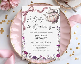 A Baby is Brewing Tea Party Invite Set, DIY Floral Baby Shower Invitation Template with Favor Tags, Books for Baby, Diaper Raffle Cards TPBS