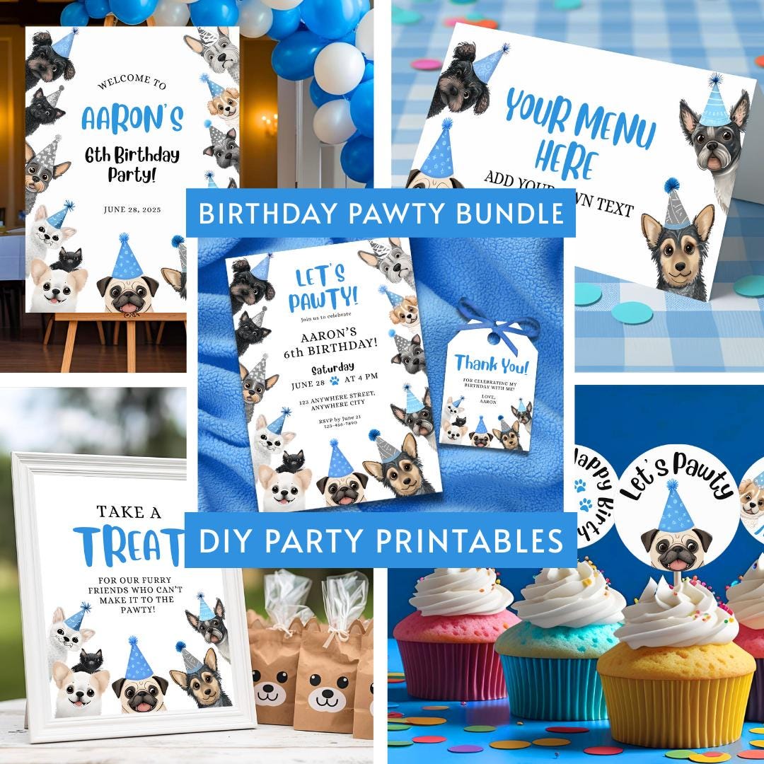 Let’s Pawty Blue Puppy Dog Birthday Party Bundle, Printable Invite ...