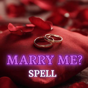 Op de afbeelding: Twee gouden trouwringen liggen op een rood satijnen kussen, omringd door rode rozenblaadjes. De tekst "MARRY ME?" en "SPELL" wordt weergegeven in een gloeiend paars lettertype, wat een romantische en feestelijke scène creëert.