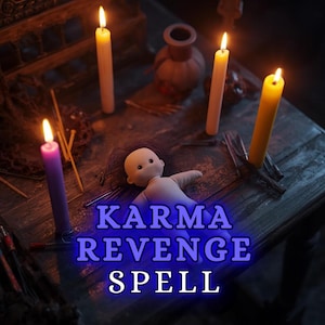 Puede incluir: Una muñeca yace sobre una mesa de madera rodeada de velas encendidas. El texto "KARMA REVENGE SPELL" se muestra en neón azul. Un pequeño jarrón y otros objetos rituales también están presentes, creando una atmósfera mística.