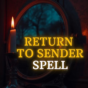 Puede incluir: Una vela blanca encendida en un candelabro plateado se encuentra a la izquierda de un espejo con marco dorado. El espejo refleja una escena exterior oscura y borrosa. El texto en oro y blanco dice "RETURN TO SENDER SPELL."