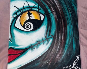 Könnte beinhalten: Ein Leinwandgemälde mit einem stilisierten Porträt einer Figur mit türkisfarbener Haut, schwarzem Haar und einem genähten Mund. Das Auge ist gelb mit einer schwarzen Spirale und einer Silhouette. Rote Lippen und ein genähter Mund vervollständigen den Look.