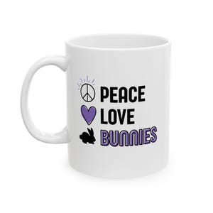 Peace, Love, and Bunnies Coffee Mug | Funny Animal Ceramic Mug