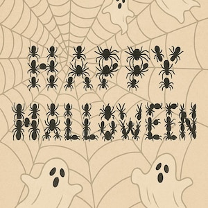 Halloween greeting card spooky card spider text spider web background cute ghosts Halloween decoration black spiders Halloween celebration