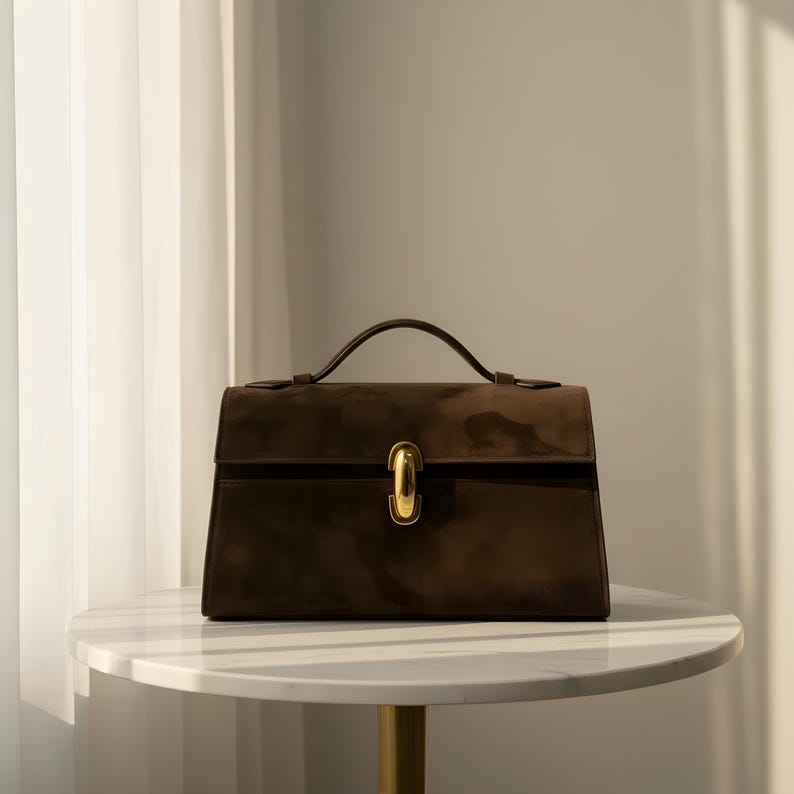 K&ouml;nnte beinhalten: Braune Wildlederhandtasche mit goldfarbenem Verschluss und Griff. Die rechteckige Tasche hat einen Klappverschluss und steht auf einem wei&szlig;en Marmortisch. Das Design der Tasche ist klassisch und elegant.