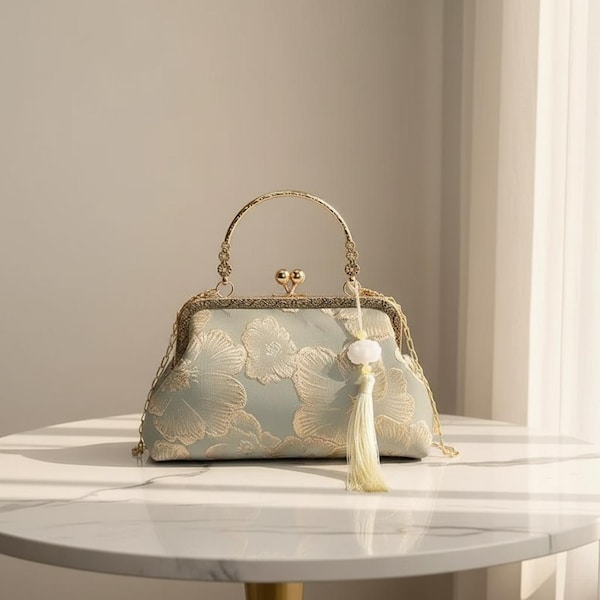 Vintage Floral Embroidered Silk Clutch Bag - Elegant Square Crossbody for Weddings & Evening Events