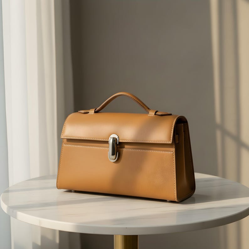 K&ouml;nnte beinhalten: Eine hellbraune Lederhandtasche mit einem oberen Griff und einem silberfarbenen Verschluss. Die strukturierte Tasche hat eine rechteckige Form mit einem Klappenverschluss und steht auf einem wei&szlig;en Marmortisch. Die Tasche ist neutralfarben.