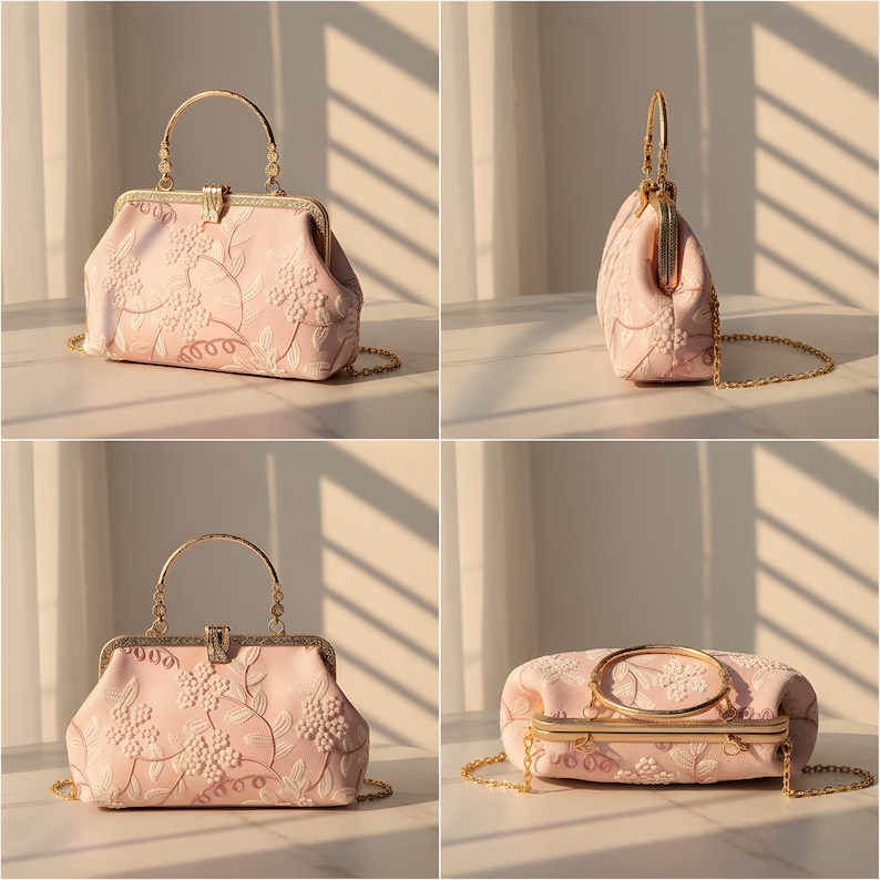 May include: A light pink handbag with a gold-colored handle and chain strap. The bag features an embroidered floral design. The clasp and handle are gold-colored. The bag is shown from multiple angles.