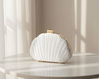 Satin Shell Clutch Bag for Women, Elegant Ruched Evening Purse with Chain Strap, Bridal Wedding Party Handbag