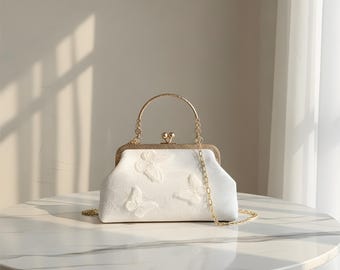 Evening Clutch Bag with Butterfly Appliqué, Vintage Style Formal Purse with Chain Strap for Wedding and Gala Events