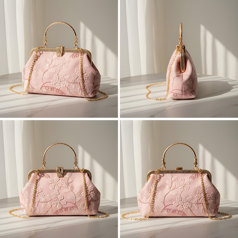 May include: A light pink handbag with a gold-colored handle and chain strap. The bag features an embroidered floral design. The clasp and handle are gold-toned. The bag is shown from multiple angles.