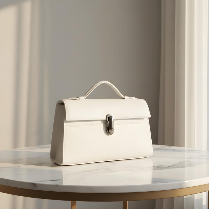 K&ouml;nnte beinhalten: Eine wei&szlig;e Handtasche mit einem oberen Griff und einem silberfarbenen Verschluss. Die rechteckige Tasche hat ein strukturiertes Design und steht auf einem Tisch mit Marmorplatte. Die klaren Linien und die neutrale Farbe der Tasche verleihen ihr eine moderne, minimalistische &Auml;sthetik.