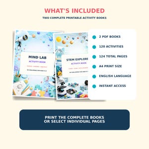 Peut inclure: Deux livres d'activités imprimables intitulés Mind Lab et Stem Explore, avec des graphismes sur le thème scientifique. Le texte inclut What's Included, 2 PDF books, 120 activities, 124 total pages, A4 print size, English language, instant access.