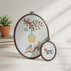 Hand Embroidered Oval Wall Art – 2-Piece Set – Colorful Floral Embroidery for Cottagecore Decor – Wall Hanging