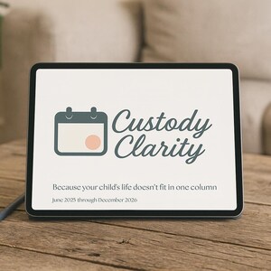 May include: A tablet displaying the words "Custody Clarity" with a calendar icon. The text below reads "Because your child's life doesn't fit in one column" and "June 2025 through December 2026". The tablet is on a wooden surface.