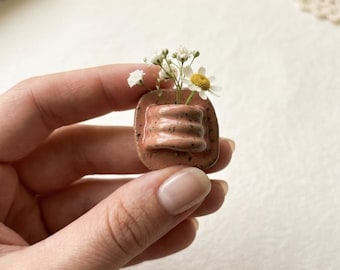 Coral Speckled Ceramic Flower Vase Pin - Handmade Wearable Brooch