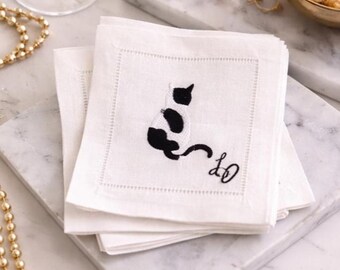 Servilletas de cóctel bordadas con gatos / Servilletas de lino con gatos en blanco y negro / Servilletas con monograma personalizado / Regalo para amantes de los gatos / Set de regalo para anfitrionas