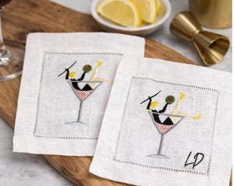 Juego de servilletas de cóctel bordadas / Servilletas de lino para copas de martini / Servilletas de cóctel con monograma / Regalo personalizado para anfitriona / Decoración para carrito de bar