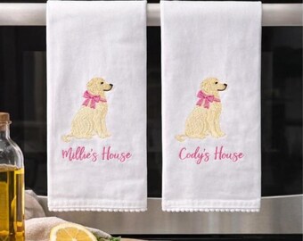 Paño de cocina personalizado con el nombre de tu perro / Paño de cocina personalizado con el nombre de tu mascota / Paño de cocina bordado con Golden Retriever / Regalo para amantes de los perros / Regalo de inauguración de casa
