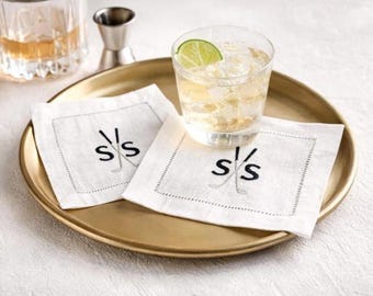 Servilletas de cóctel de lino personalizadas con monograma de palo de golf / Servilletas con iniciales bordadas personalizadas / Set de regalo para bodas, inauguraciones de casa y anfitrionas