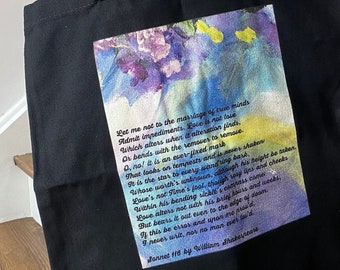 Tote Bag with Romantic Poem, Let Me Not To The Marriage Of True Minds, Shakespeare Sonnet, Abstract Flower Art Print, Reusable Shopping Bag