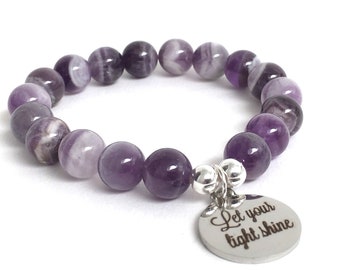 Let Your Light Shine Amethyst Gemstone Bracelet, Personalized Inspirational Chakra Healing Crystals Motivational Quote Charm Positive Vibes