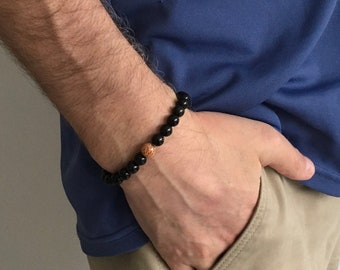 Obsidian Edelsteine & Palmenholz Mala Armband für Männer: Alltags Chakra Meditation Yoga Stretch Armband, Sorgen Perlen