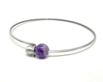 Purple Amethyst Gemstone Silver Bangle Bracelet, Add A Stone Charm Bracelet, Birthday Gift, Personalized Birthstone Jewelry For Woman