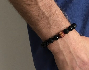 Bracelet de perles pour homme, bracelet mala en onyx de guérison pour les chakras, mots chinois, perles de bois de gourou Om mantra, cadeau d'anniversaire pour lui bijoux bien-être yoga