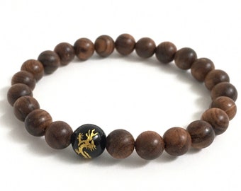 Sandalwood Wood Bracelet, Dragon & Snake Engraved Onyx Guru Bead Chakra Bracelet, Confidence Strength Jewelry