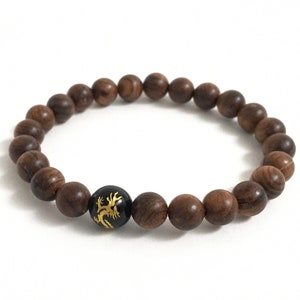 Sandalwood Wood Bracelet, Dragon & Snake Engraved Onyx Guru Bead Chakra Bracelet, Confidence Strength Jewelry