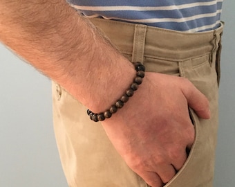 Pulsera de cuentas de madera marrón para hombre con piedras preciosas de obsidiana negra, talismán, joyería protectora, regalo para novios y esposos, pulsera informal.
