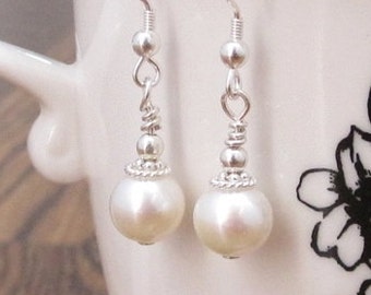 Pearl Earrings, Silver Dangle Earrings, Birthstone Jewelry, Wedding Bridal Gift, 30th Anniversary Gift for Wife, 21st Birthday Gift for Mum