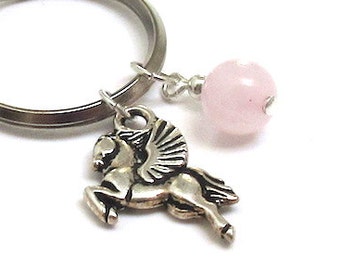 Horse Pendant & Rose Quartz Stone Charm Silver Pegasus Keyring Pendant, Birthday Party Gift for Magical Mythology, Fantasy Mythical Creature