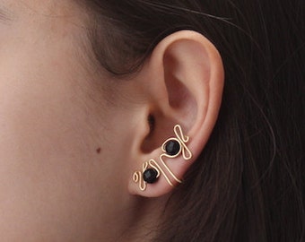 Ear Cuff Gold Brass Ear Climber, Onyx Stone Earring, Ear Jacket, Birthday Gift For Daughter OFAK Wire Chakra Earring Spring  Trend for Gen Z