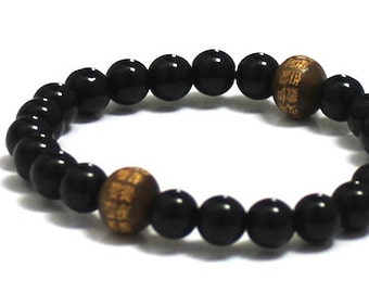 Father's Day Gifts For Dad, Onyx Stones Bracelet, Om Mantra Wood Beads Mala Bracelet, Stress Relief Prayer Meditation Men Bracelet, Sobriety