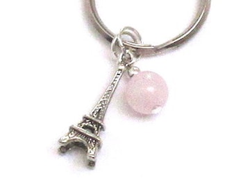 Paris Eiffel Tower Pendant Keychain, French Souvenir Key Ring & Blush Pink Rose Quartz Stone Charm, Francophile Landmark Travel Gift for Her