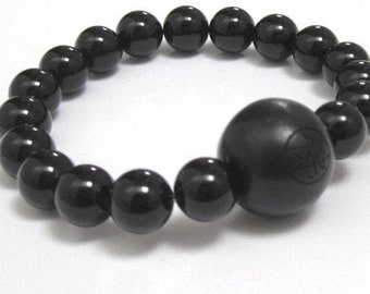 Worry Bead & Onyx Stones Mala Bracelet, Large  Engraved Chinese Word Buddha Wood Guru Bead, Meditation, Prayer Worry Beads Stretch Bracelet