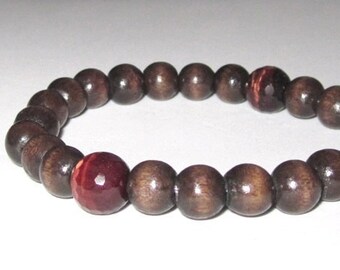 Men's Wood Bead Bracelet with Tiger Eye Stones, Wrist Mala Beads Chakra Jewelry Gift For Men