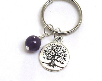 Tree of Life Pendant Key Ring & Amethyst Stone Charm for Lanyard, Bridal Party Favor, Farewell Retirement Meaningful Symbol Gift for Women