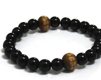 Men Mala Bracelet, Worry Beads, Om Mantra Chinese Word Buddhist Wood Bracelet, Dragon Glass Crystal Rainbow Obsidian Bracelet Gift For Men