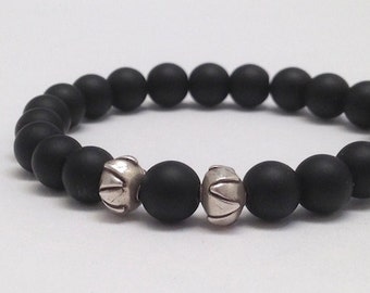 Lotus Sterling Silver Matte Onyx Mala Bracelet, Meaningful Birthday Gift for Her, Couples Bracelet, Mindfulness  Chakra Heaing Stone Jewelry