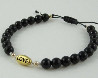 Gold & Silver Love Charm Onyx Stones Macrame Bracelet, Promise Bracelet for Couple, Friendship Bracelet, Back to College Gift for Girlfriend