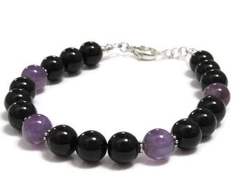 Birthstone Jewelry, Amethyst and Onyx Bracelet, Crown Chakra Gemstones Sterling Silver Bracelet, Intuition Empath Jewelry For Positive Vibes