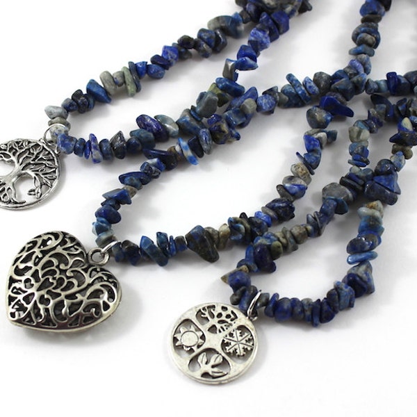 Lapis Lazuli Gemstone Pendant Necklace with Choice of Filigree Heart, Four Seasons, Tree of life Pendant, Natural Raw Stones Long Necklace